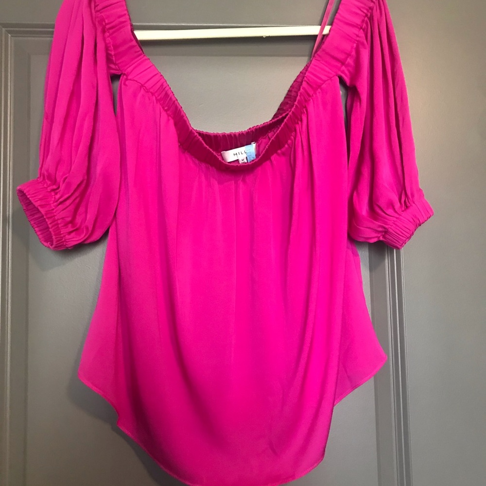 Milly Off The Shoulder Bright Pink Silk Blouse
